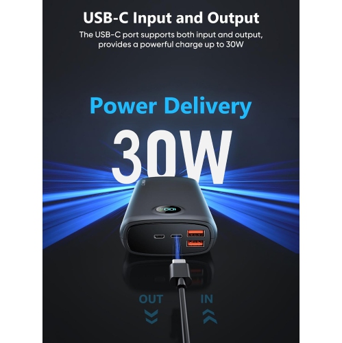 Chargeur portable 40000 mAh Chargeur portable; Chargeur portable QC 4,0 et PD 30 W; Recharge rapide; Écran LED intégré; 2 sortie USB 1 C