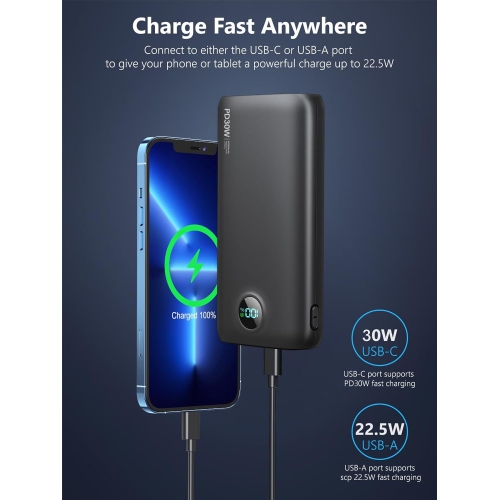 Chargeur portable 40000 mAh Chargeur portable; Chargeur portable QC 4,0 et PD 30 W; Recharge rapide; Écran LED intégré; 2 sortie USB 1 C