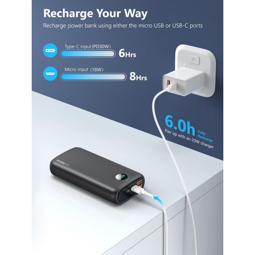 Chargeur portable 40000 mAh Chargeur portable; Chargeur portable QC 4,0 et PD 30 W; Recharge rapide; Écran LED intégré; 2 sortie USB 1 C