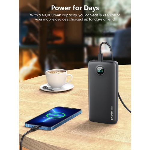 Chargeur portable 40000 mAh Chargeur portable; Chargeur portable QC 4,0 et PD 30 W; Recharge rapide; Écran LED intégré; 2 sortie USB 1 C