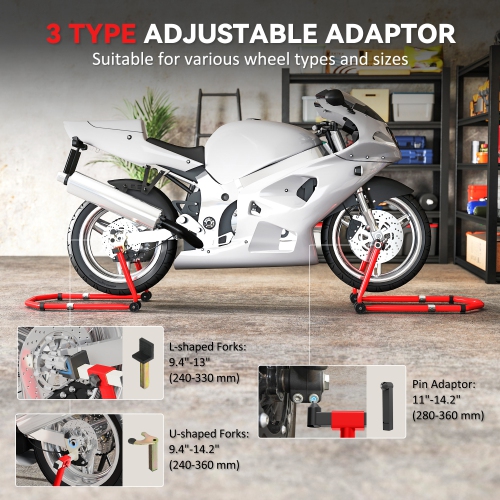 HOMCOM Motorcycle Stand Lift, 850 lbs Capacity Front & Rear Combo Wheel Paddock Lift Stand with Adjustable U+L Fork Pin Adaptors, Wheels, Clamping