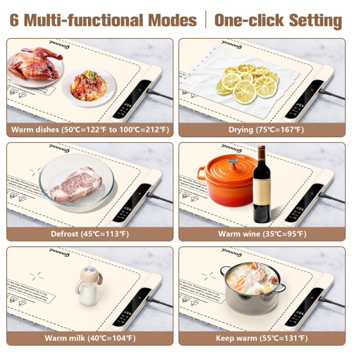 Food Warming Mat, Electric Food Warmer & Warming Tray with 6 Temperature Modes, Portable Food Warmer Mat for Dishes, Milk, Coffee, Wine & Tea