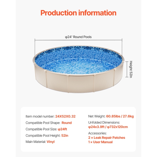 VEVOR 24-ft Round Above Ground Pool Liner, Unibead Pool Liners, Standard Gauge, 52inch Wall Height, Designed for Steel Sided Above-Ground Swimming