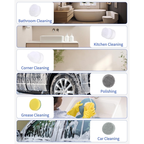 Electric Household Cleaning Brush, Electric Cleaning Brush with 6 Replaceable Brush Heads, 2000 mAh Power Scrubber for Bathroom, Kitchen, Corners Car