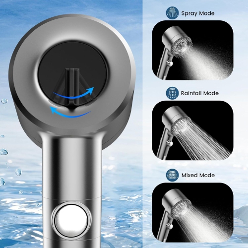 Shower Head with Anti-Limescale and Chlorine Filter, High Pressure 3 Modes, Shower Head with Stainless Steel Hose 1.5 m