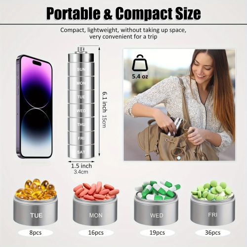 Metal Travel Pill Organizer, Portable Waterproof Weekly Pill Box, Aluminum Alloy Pill Case Container, 7 Day Daily Medicine Organizer Holder