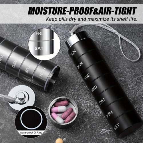 Metal Travel Pill Organizer, Portable Waterproof Weekly Pill Box, Aluminum Alloy Pill Case Container, 7 Day Daily Medicine Organizer Holder