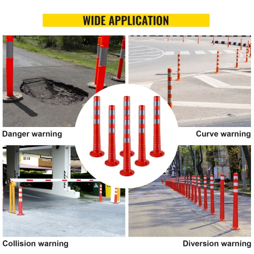 VEVOR 6 PCS Traffic Delineator, Posts Channelizer Cone with Reflective Bands, Delineator Post Kit 30” in Height, PU Traffic Post, Orange Safety