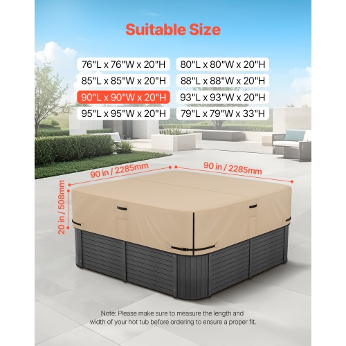 VEVOR 90 x 90 x 20 Inch Outdoor Hot Tub Cover, Weatherproof and Waterproof, 600D Heavy Duty Oxford Fabric and 950N Tearing Strength, Square Spa