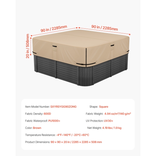 VEVOR 90 x 90 x 20 Inch Outdoor Hot Tub Cover, Weatherproof and Waterproof, 600D Heavy Duty Oxford Fabric and 950N Tearing Strength, Square Spa