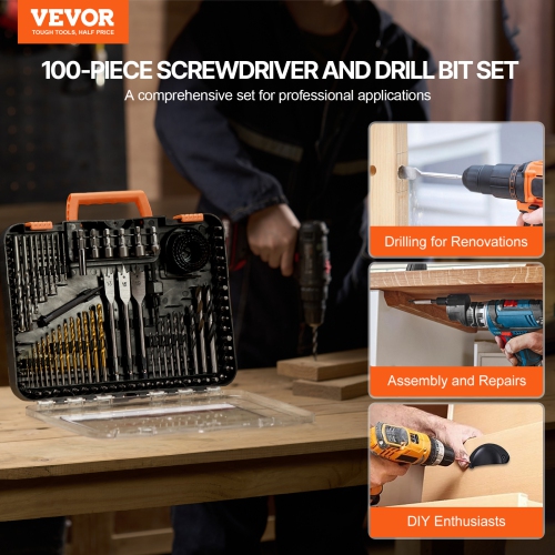 VEVOR 100 Pieces Drill Bit Set, Drill and Driver Bit Set, Screwdriver Bit Set Suitable for Wood Metal Cement Drilling and Screw Driving, Drill Bit