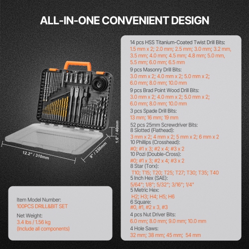VEVOR 100 Pieces Drill Bit Set, Drill and Driver Bit Set, Screwdriver Bit Set Suitable for Wood Metal Cement Drilling and Screw Driving, Drill Bit