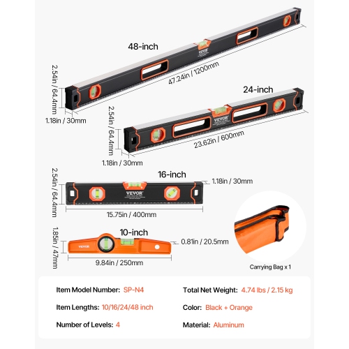 VEVOR 4-Piece Torpedo Level, 48/24/16/10 Inch Box Levels Set, Fluorescent Light Up Bubble Vials Ruler for 45/90/180 Degree, Aluminum Alloy, Only