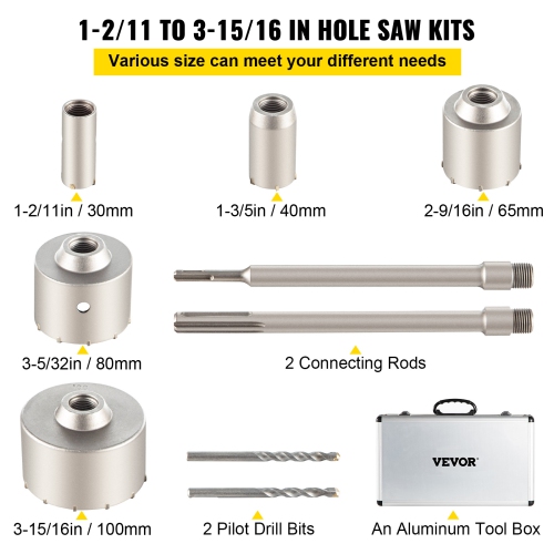 VEVOR Concrete Hole Saw Kit, 1-2/11", 1-3/5", 2-9/16", 3-5/32", 3-15/16" Drill Bit Set SDS Plus & SDS MAX Shank Wall Hole Cutter with a 4-1/3"