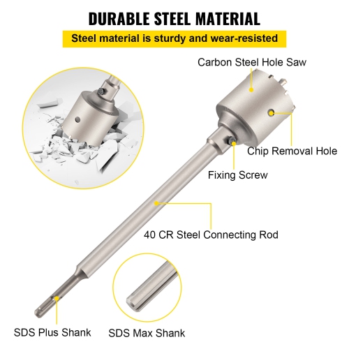 VEVOR Concrete Hole Saw Kit, 1-2/11", 1-3/5", 2-9/16", 3-5/32", 3-15/16" Drill Bit Set SDS Plus & SDS MAX Shank Wall Hole Cutter with a 4-1/3"