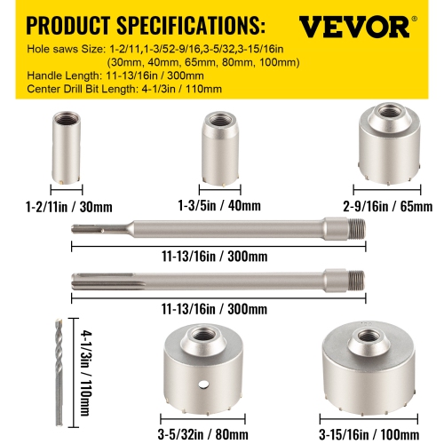 VEVOR Concrete Hole Saw Kit, 1-2/11", 1-3/5", 2-9/16", 3-5/32", 3-15/16" Drill Bit Set SDS Plus & SDS MAX Shank Wall Hole Cutter with a 4-1/3"