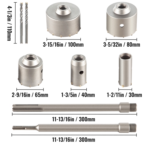 VEVOR Concrete Hole Saw Kit, 1-2/11", 1-3/5", 2-9/16", 3-5/32", 3-15/16" Drill Bit Set SDS Plus & SDS MAX Shank Wall Hole Cutter with a 4-1/3"