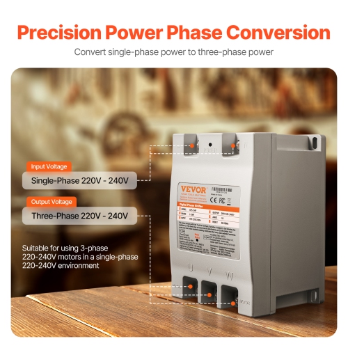 VEVOR 3 Phase Converter - 2HP 7A 220V Single Phase to 3 Phase Converter, 220V-240V Input/Output, Digital Phase Shifter for Residential & Light