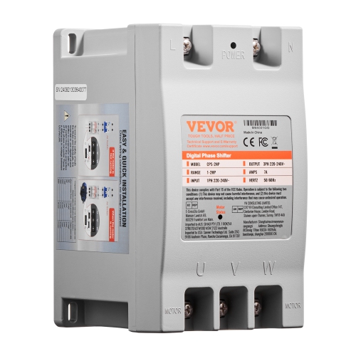 VEVOR 3 Phase Converter - 2HP 7A 220V Single Phase to 3 Phase Converter, 220V-240V Input/Output, Digital Phase Shifter for Residential & Light