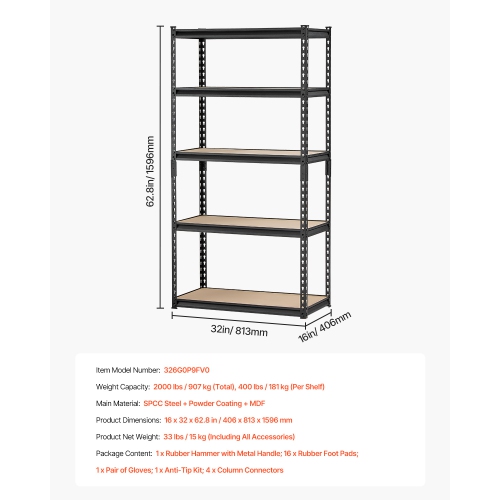 VEVOR 5 Tier Storage Shelves, 2000 lbs, Garage Storage Shelving, 16" D x 32" W x 62.8" H Adjustable Metal Shelves for Garage Shelves Utility Rack
