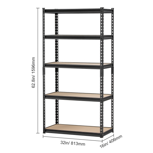 VEVOR 5 Tier Storage Shelves, 2000 lbs, Garage Storage Shelving, 16" D x 32" W x 62.8" H Adjustable Metal Shelves for Garage Shelves Utility Rack
