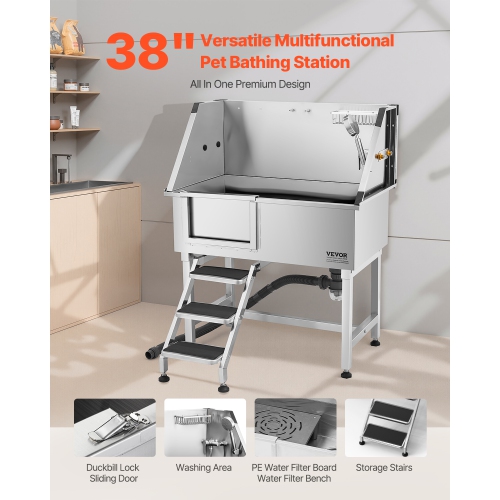 VEVOR 38 inch Stainless Steel Dog Washing Station, Pet Grooming Tub w/ Storage Stairs, Faucet & Showerhead & Soap Holder Dog Bathtub for Large &