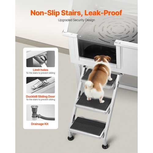 VEVOR 38 inch Stainless Steel Dog Washing Station, Pet Grooming Tub w/ Storage Stairs, Faucet & Showerhead & Soap Holder Dog Bathtub for Large &