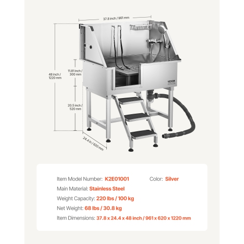 VEVOR 38 inch Stainless Steel Dog Washing Station, Pet Grooming Tub w/ Storage Stairs, Faucet & Showerhead & Soap Holder Dog Bathtub for Large &