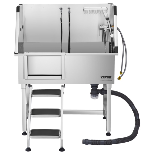 VEVOR 38 inch Stainless Steel Dog Washing Station, Pet Grooming Tub w/ Storage Stairs, Faucet & Showerhead & Soap Holder Dog Bathtub for Large &