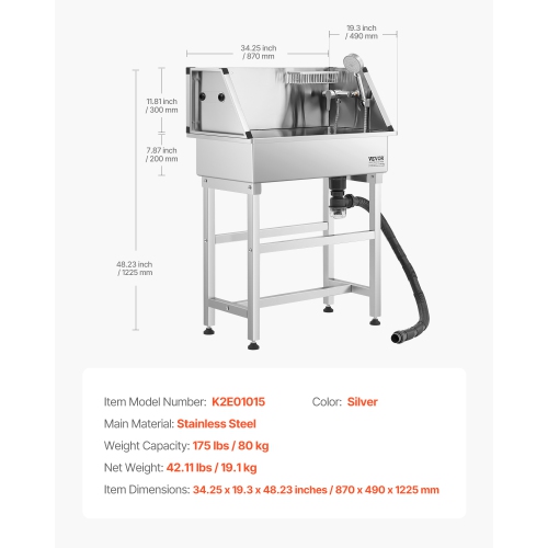 VEVOR 34 inch Stainless Steel Dog Washing Station, Pet Grooming Tub with Faucet & Showerhead & Soap Holder & Play Balls Simple Dog Bathtub for