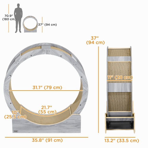 PawHut 36 Inch Cat Wheel Exerciser for Indoor Cats, Kitten Treadmill with Carpeted Runway and Brake, Kitty Running Toy for Fitness & Healthy, Grey