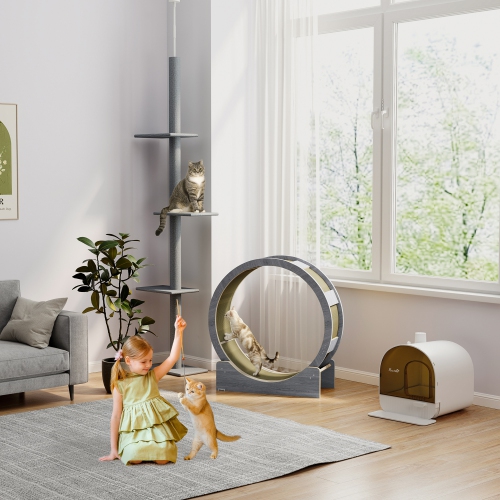 PawHut 36 Inch Cat Wheel Exerciser for Indoor Cats, Kitten Treadmill with Carpeted Runway and Brake, Kitty Running Toy for Fitness & Healthy, Grey