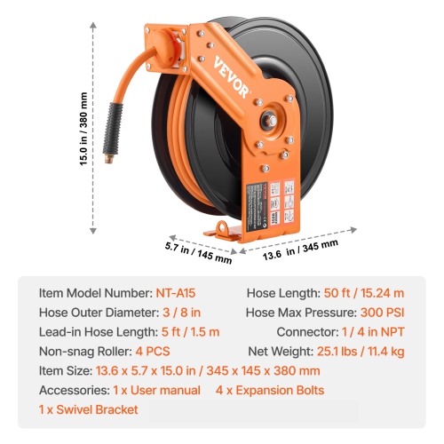 VEVOR 3/8IN x 50FT Retractable Air Hose Reel, Rubber Air Hose Max 300PSI, Air Compressor Hose Reel Auto-Rewind with 5FT Lead in, Heavy Duty Single