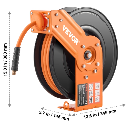 VEVOR 3/8IN x 50FT Retractable Air Hose Reel, Rubber Air Hose Max 300PSI, Air Compressor Hose Reel Auto-Rewind with 5FT Lead in, Heavy Duty Single