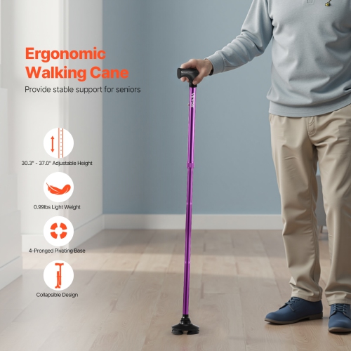 VEVOR 250LBS Loading Walking Cane for Man Woman, Folding Walking Stick with 8-Level Adjustable Height, 4-Pronged Pivoting Base, Lightweight &