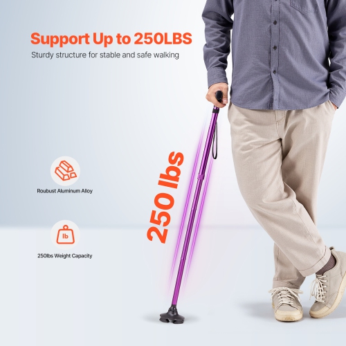 VEVOR 250LBS Loading Walking Cane for Man Woman, Folding Walking Stick with 8-Level Adjustable Height, 4-Pronged Pivoting Base, Lightweight &