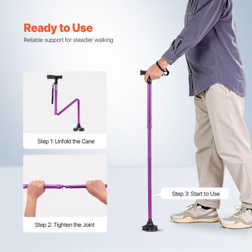 VEVOR 250LBS Loading Walking Cane for Man Woman, Folding Walking Stick with 8-Level Adjustable Height, 4-Pronged Pivoting Base, Lightweight &