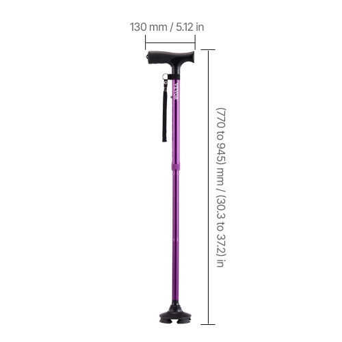 VEVOR 250LBS Loading Walking Cane for Man Woman, Folding Walking Stick with 8-Level Adjustable Height, 4-Pronged Pivoting Base, Lightweight &