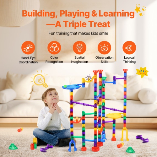 VEVOR 150 Piece Marble Run Set, Marble Maze Building Block Brain Game, with 10 Glow in the Dark Marbles + 40 Glass Marbles, Educational Learning Race