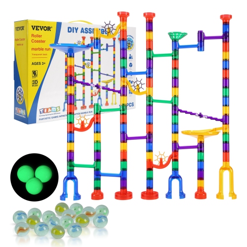 VEVOR 150 Piece Marble Run Set, Marble Maze Building Block Brain Game, with 10 Glow in the Dark Marbles + 40 Glass Marbles, Educational Learning Race