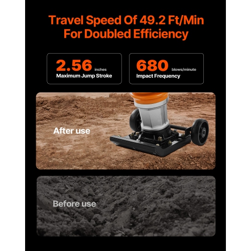 VEVOR 6.5 HP Jumping Jack Compactor, Vibratory Rammer Fuel-Powered 196 cc Engine Tamper, 3600 lbs Impact Force, 26" Max Compaction Depth, for Soil,