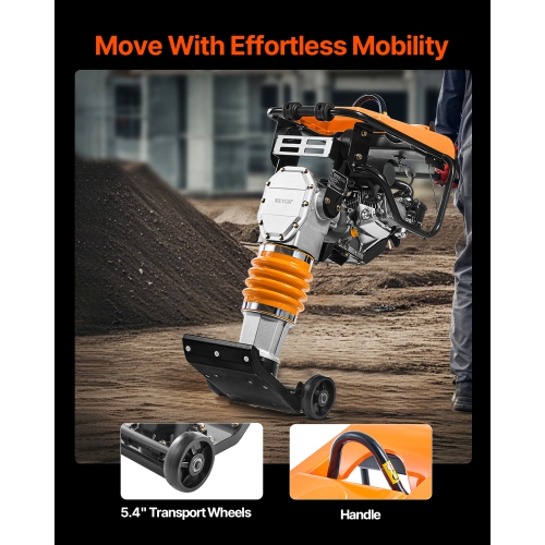 VEVOR 6.5 HP Jumping Jack Compactor, Vibratory Rammer Fuel-Powered 196 cc Engine Tamper, 3600 lbs Impact Force, 26" Max Compaction Depth, for Soil,