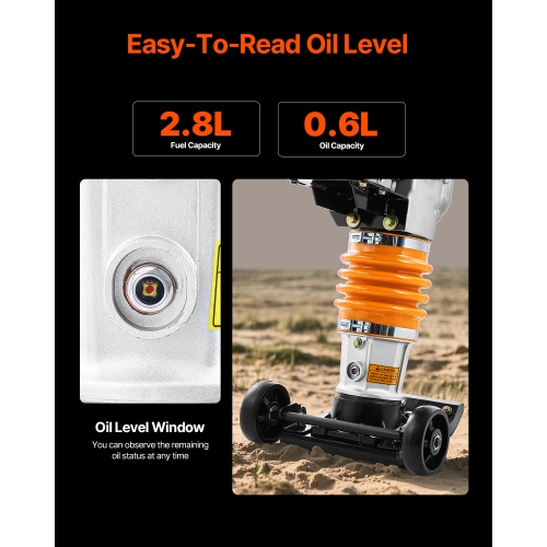 VEVOR 6.5 HP Jumping Jack Compactor, Vibratory Rammer Fuel-Powered 196 cc Engine Tamper, 3600 lbs Impact Force, 26" Max Compaction Depth, for Soil,