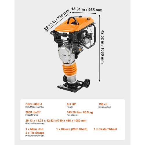 VEVOR 6.5 HP Jumping Jack Compactor, Vibratory Rammer Fuel-Powered 196 cc Engine Tamper, 3600 lbs Impact Force, 26" Max Compaction Depth, for Soil,
