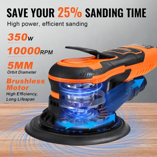 VEVOR 350W Random Orbital Sander 6-Inch,Brushless Orbital Sander,10,000 PRM 6 Variable Speed Electric Palm Sander with 10PCS Sandpapers, Dust
