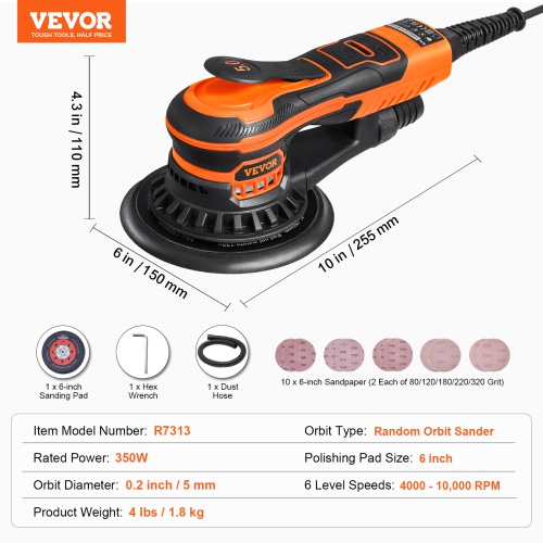 VEVOR 350W Random Orbital Sander 6-Inch,Brushless Orbital Sander,10,000 PRM 6 Variable Speed Electric Palm Sander with 10PCS Sandpapers, Dust