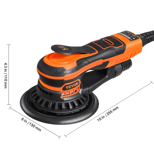 VEVOR 350W Random Orbital Sander 6-Inch,Brushless Orbital Sander,10,000 PRM 6 Variable Speed Electric Palm Sander with 10PCS Sandpapers, Dust