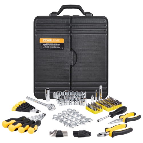 VEVOR 221-Piece Mechanics Tool Set, 1/4" and 3/8" Drive Sockets, SAE and Metric Mechanic Tool Kit with Bits, Wrenches, Ratchet Handle, Accessories,