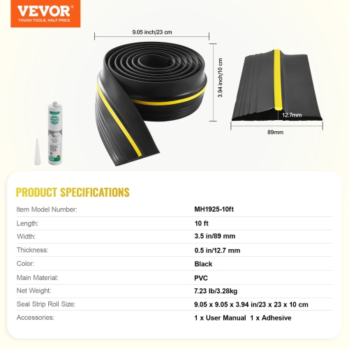 VEVOR 10 FT Garage Door Threshold Seal Strip, Universal Garage Door Floor Seal Strip with Adhesive, Garage Door Bottom Weatherproof Strip,Upgraded