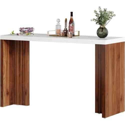 TRIBESIGNS  55" Home Bar Table With A Faux Marble Finished Tabletop, Modern Freestanding Mini Bar for Home Kitchen, Walnut & In White